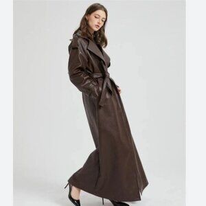 Finesse | Vegan Faux Leather Trench Coat Long Full Length Chocolate Brown XL